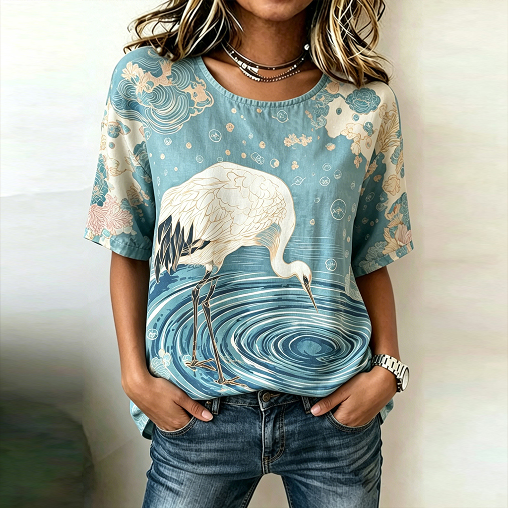 Comstylish Women's Vintage Japanese Crane Print Casual Linen-blend T-shirt