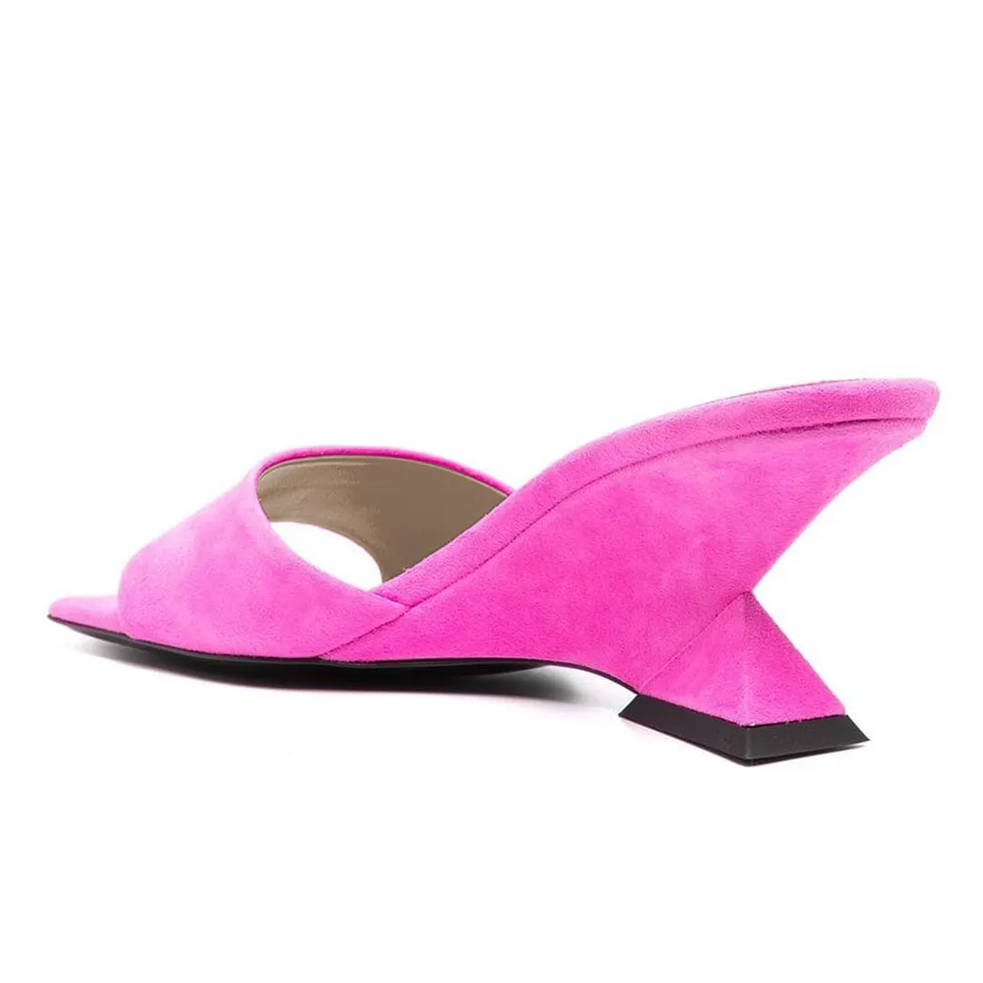Pink Vegan Leather Open Square Toe Sculptural Heel Mules Sandals