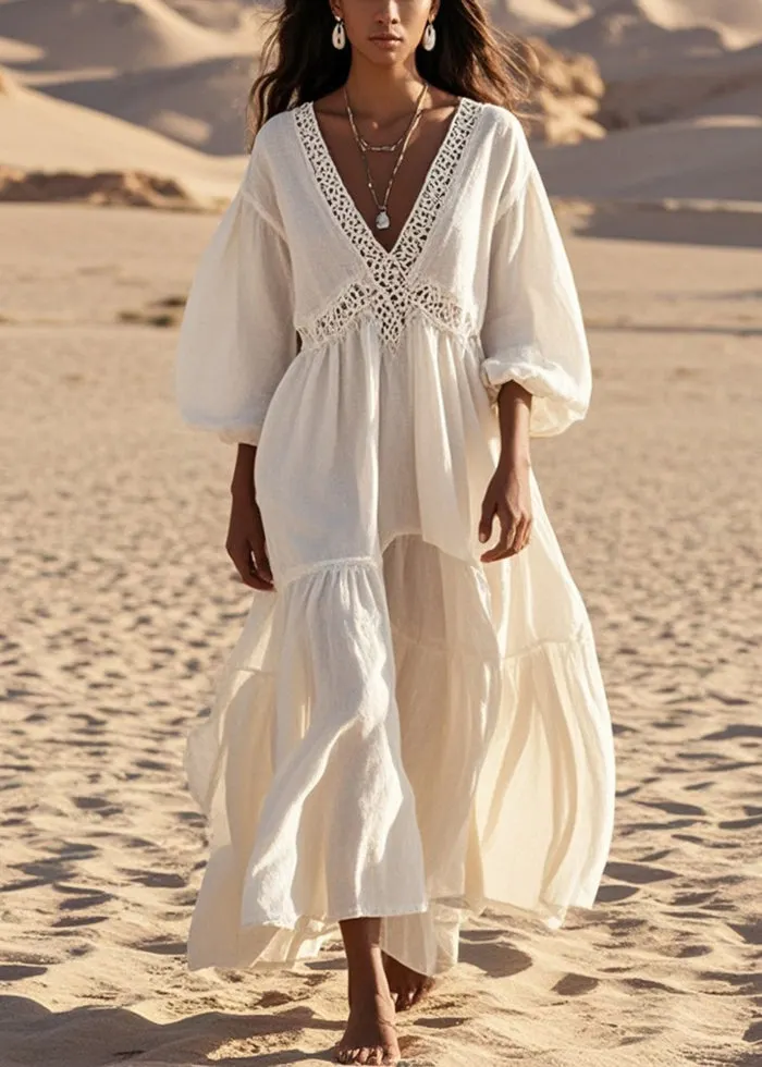 Casual White V Neck Patchwork Hollow Out Cotton Dress Lantern Sleeve Summer