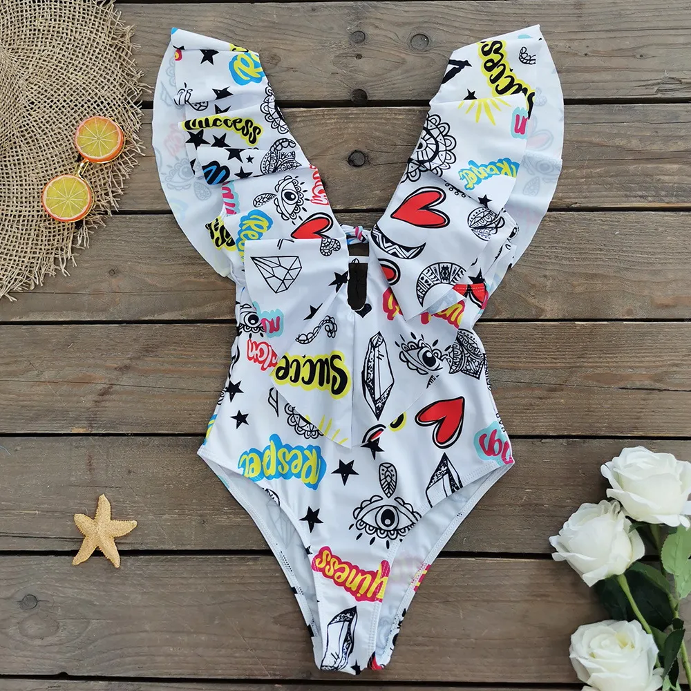 Churchf Printed Flowers Even Lotus Leaf Side Body Swimsuit Women 2025 New Swimsuit Bare Back