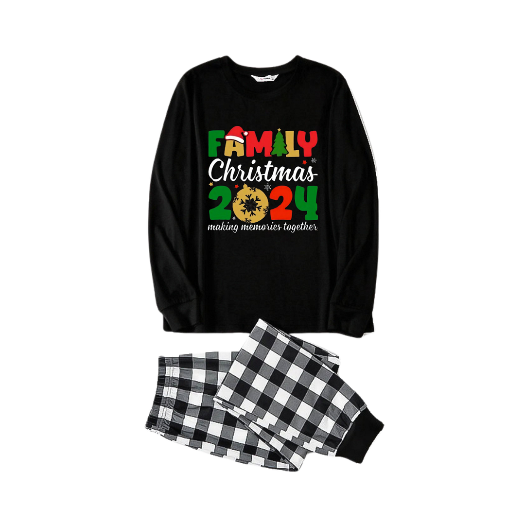 "Family Christmas 2024" Cute Text and Santa Hat Prints Black Long Sleeve Top with Black And White Plaid Pants Family Matching Pajamas