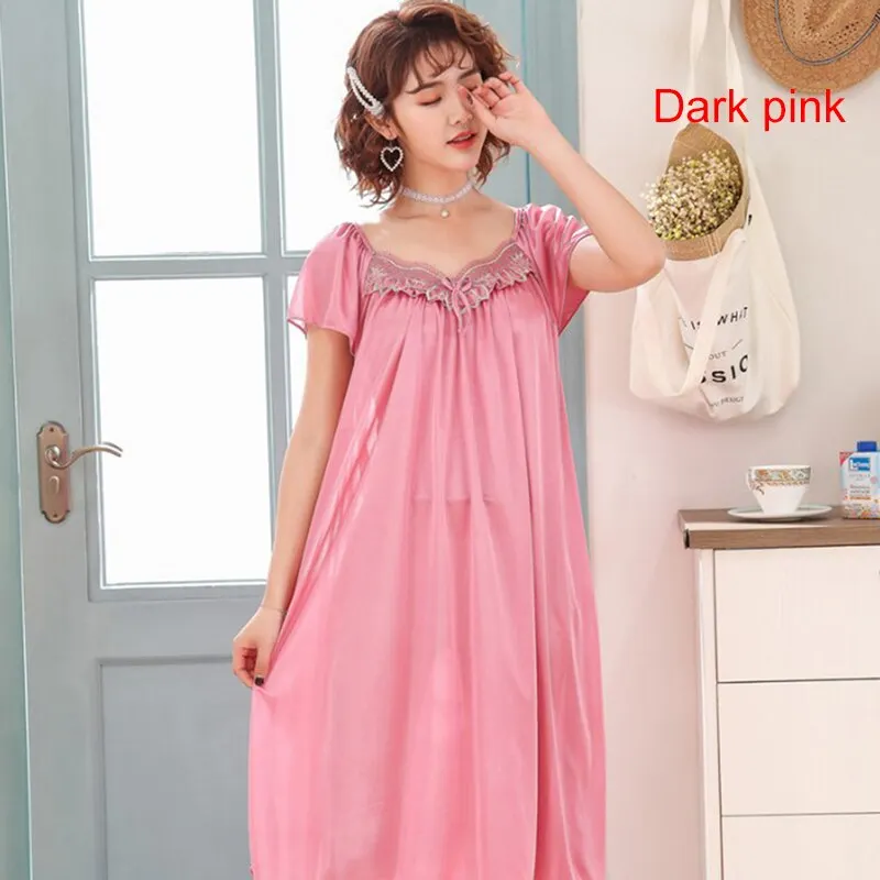 Sexy Night Dress Silk Short Sleeve Sleeping Dresses Ice Silk Satin Sleepwear Female Nightgown Women Plus Size Night Shirts