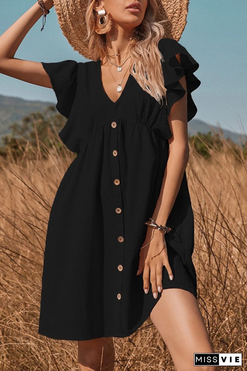 Sweet Simplicity Solid Buckle Solid Color V Neck A Line Dresses