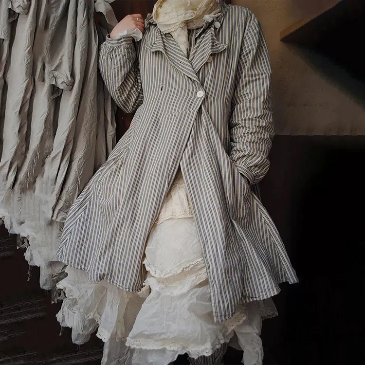 Vintage Striped Fold Over Collar Button Loose Coat