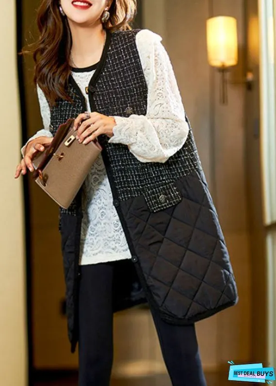 Stylish Black V Neck Patchwork Fleece Waistcoat Sleeveless