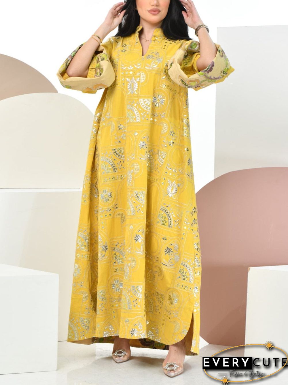 Yellow Loose V-Necked Ramadan Dress