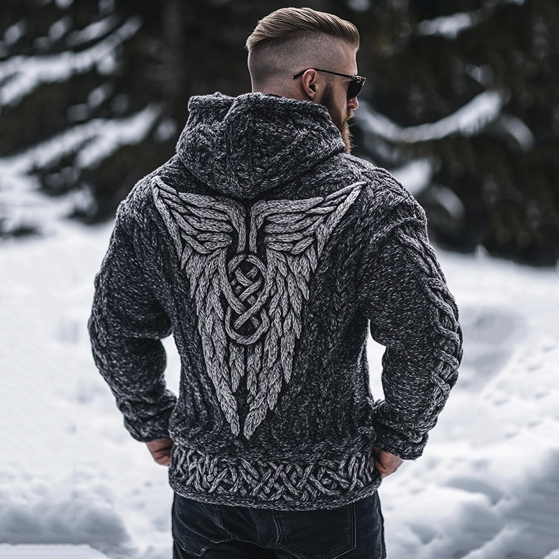 Men's Viking Tribal Hawk Wings Celtic Chunky Knit Hooded Sweater