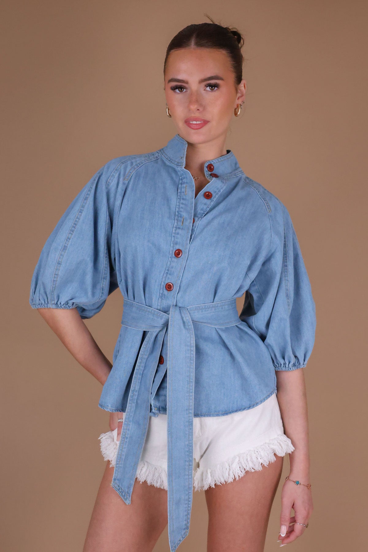 Denim Puff Sleeve Button Up Shirt Blouse