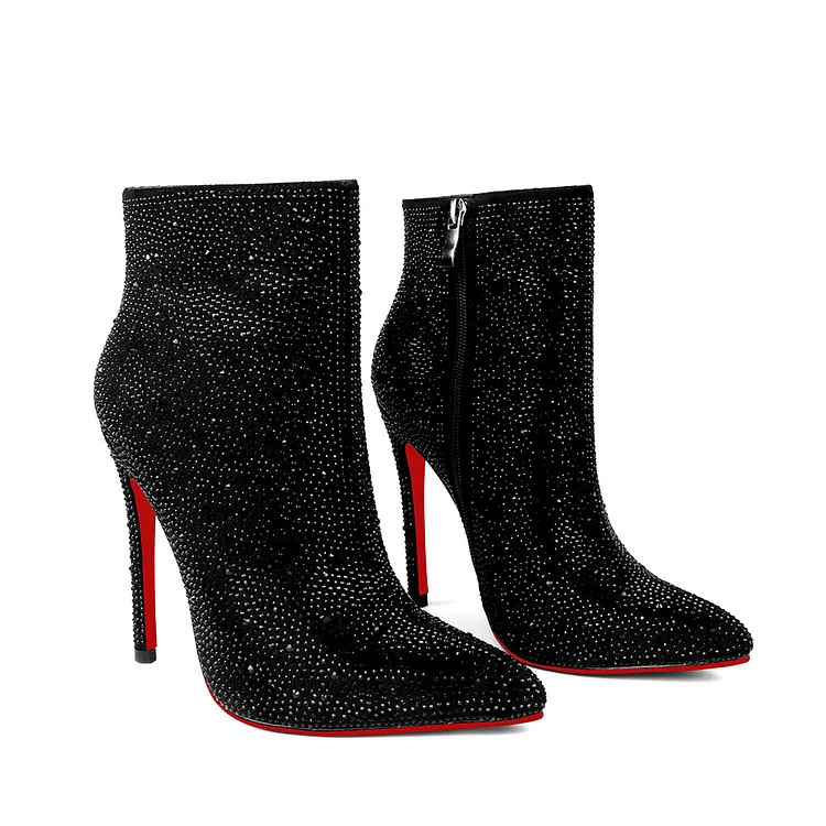 100mm/120mm Women's Rhinestone Ankle Boots with Closed Pointed Toe  Stilettos Autumn Red Bottom Warm Dress Booties  VOCOSI VOCOSI
