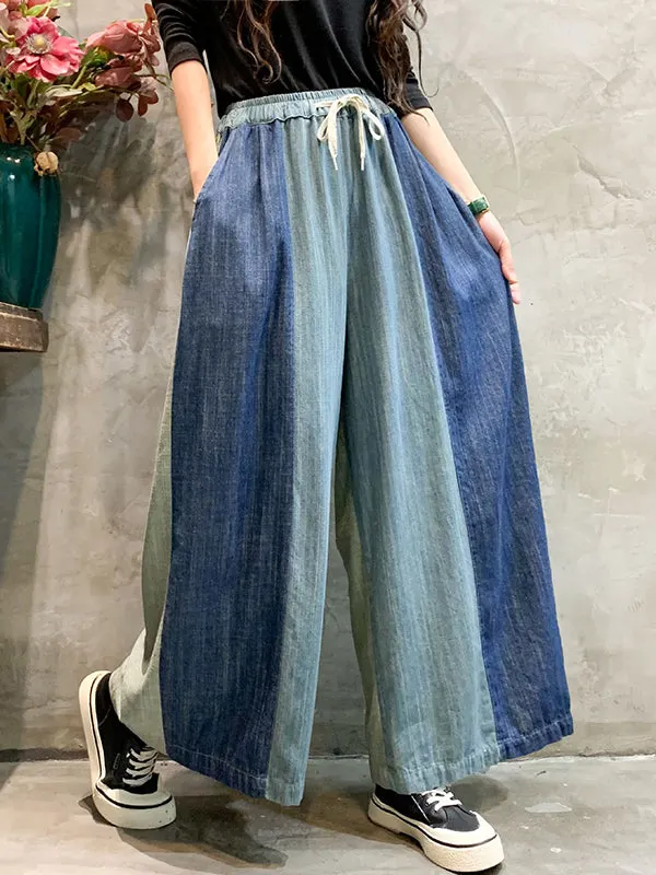 Vintage Loose Wide Leg Contrast Color Bandage Jean Pants Bottoms