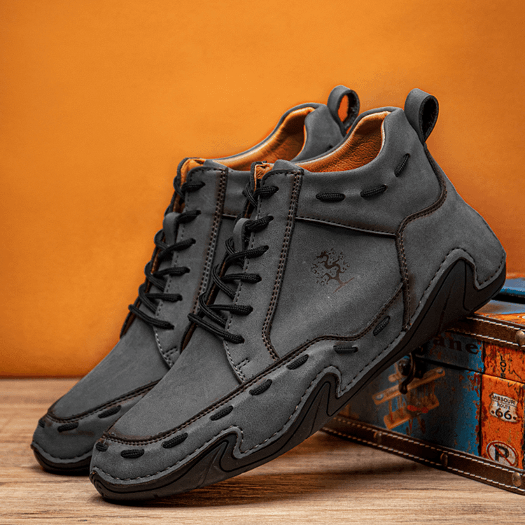 Kanyap-Men Retro Hand Stitching Leather Non  Soft Lace up Ankle Boots