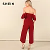 SHEIN Burgundy Zip Back Layered Ruffle Bardot Sexy Jumpsuit Women Off the Shoulder Skinny Wide Leg Solid Summer Party Jumpsuits