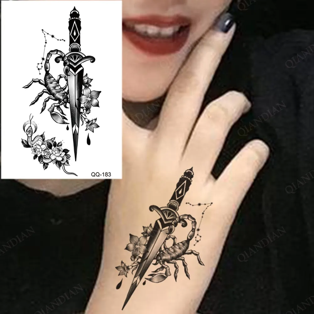 Sdrawing Temporary Tattoo Stickers Butterfly Snake Rose Flower Gun Dark Flash Small Women Body Art Wrist Neck Fake Tattoos Men