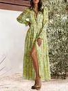 Casual Long Sleeve V-Neck Floral Print Split-Side Maxi Dress