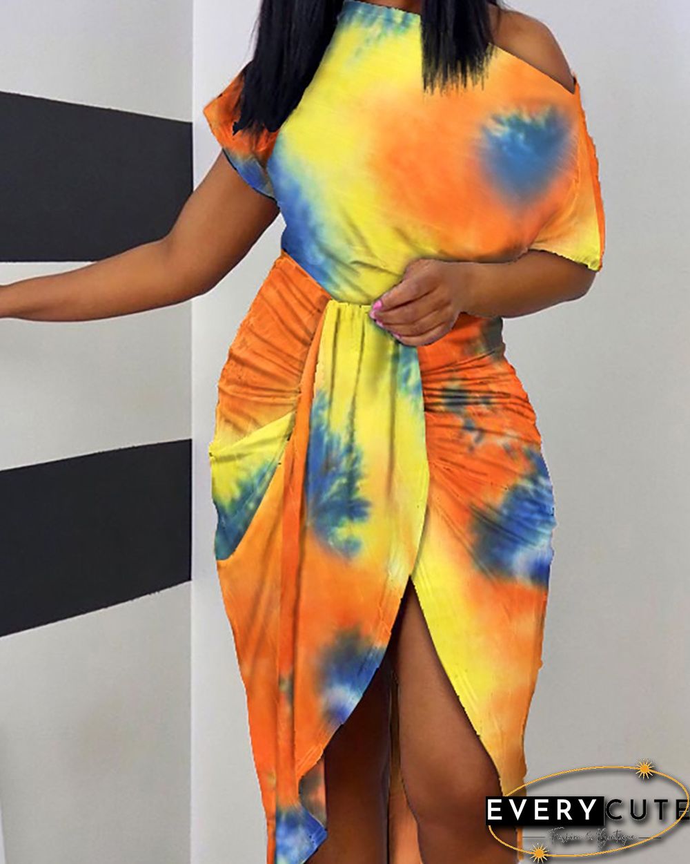 Tie Dye Print One Shoulder Wrap Midi Dress