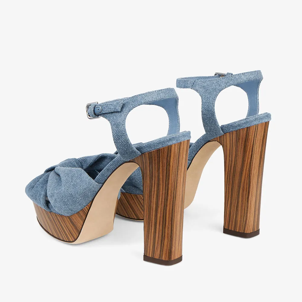 Women's Blue Platform Chunky Heel Ankle Strap Knot Denim Sandals