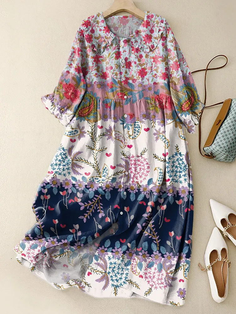 Women&lsquo;s Vintage Lovely Floral Pattern Art Print Peter Pan Collar Cotton Dress