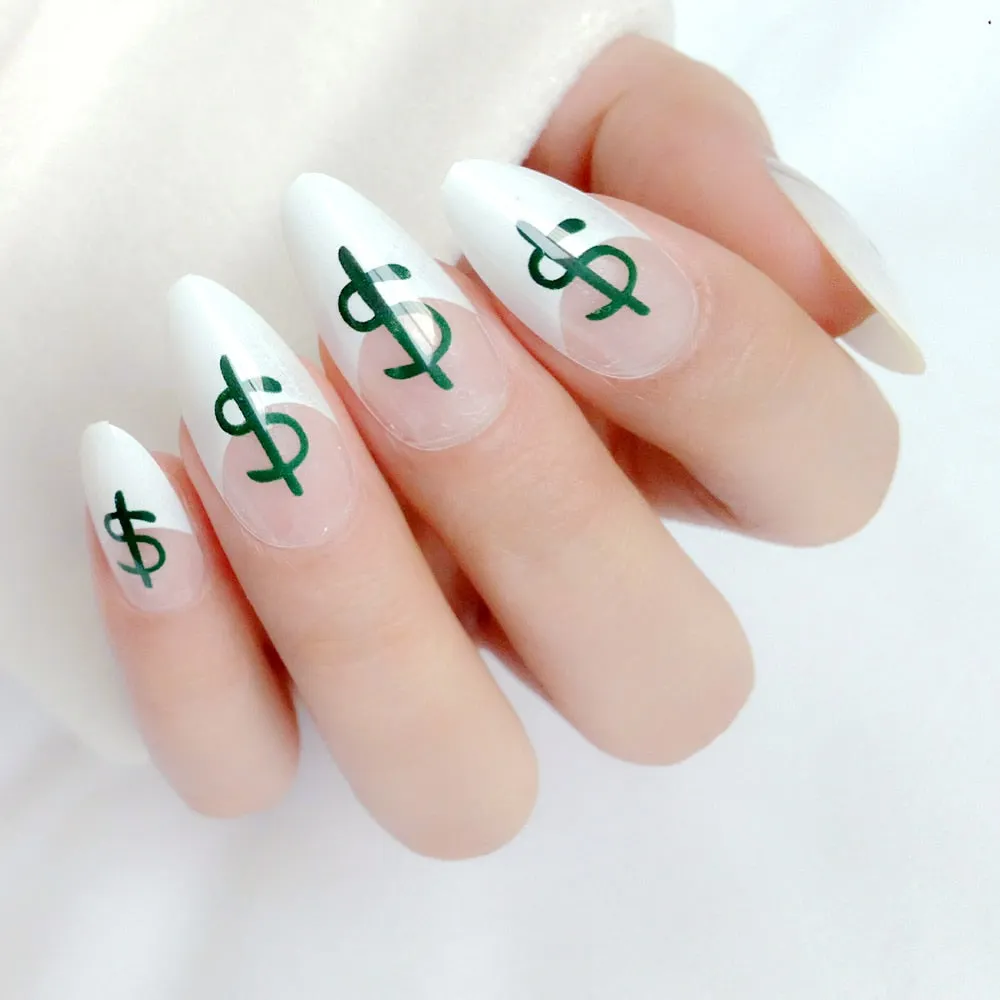 24Pcs French Short Stiletto False Nail Black White Rose Artificial Fake Nails With Design Lady DIY Finger Tip Manicure Tools-Nail Inspo
