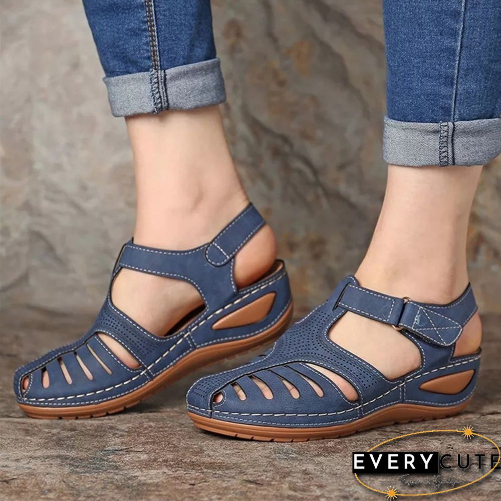 Women's Sandals Summer Ladies Girls Leather Vintage Sandals Buckle Casual Sewing Women Shoes Solid Female Ladies Platform Shoes