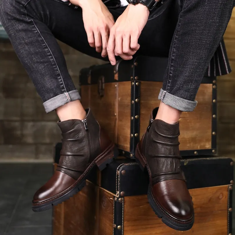 Big Size 38-52 Vintage Wrinkle 100% Genuine Leather Men's Chelsea Boots Side Zip Comfortable Men Shoes Male Ankle Boots Classic
