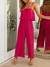 Spaghetti-Neck Falbala Backless Solid Color Casual Jumpsuit