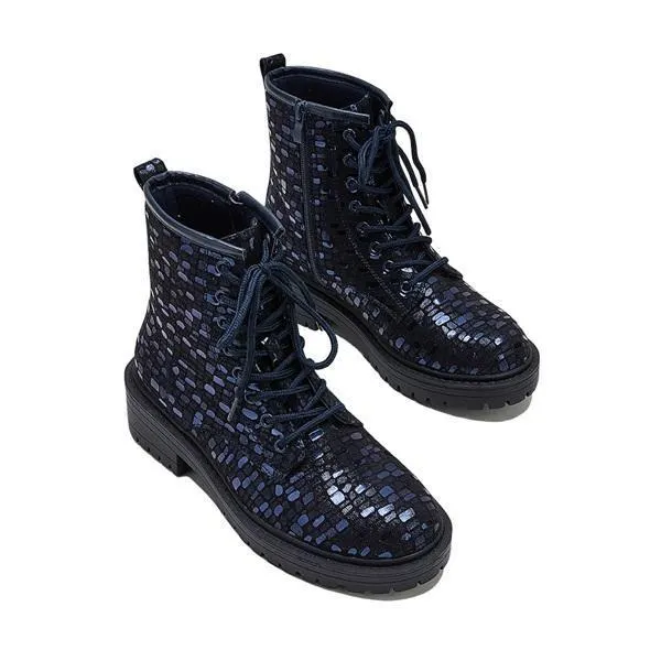 Women Sexy Sequin Lace-Up Ankle Chunky Heel Boots