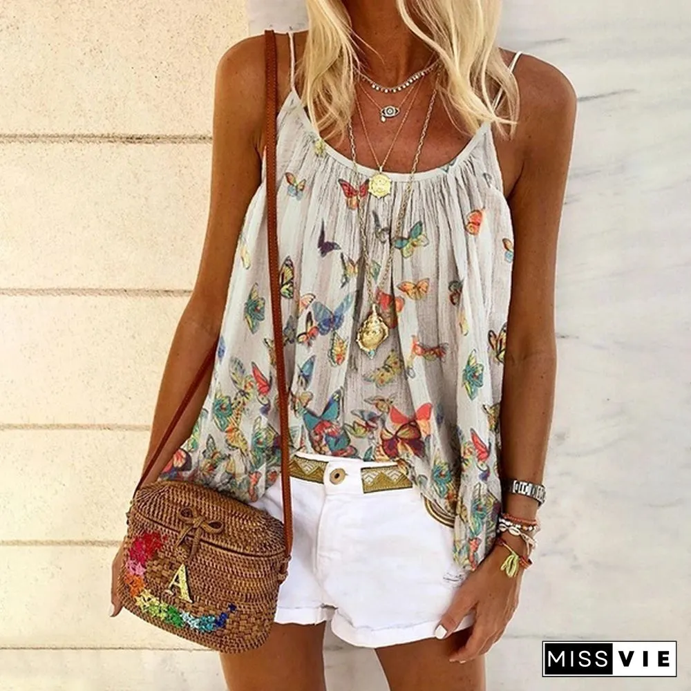 Women's Fashion Summer Casual Loose Butterfly Print Vest Plus Size