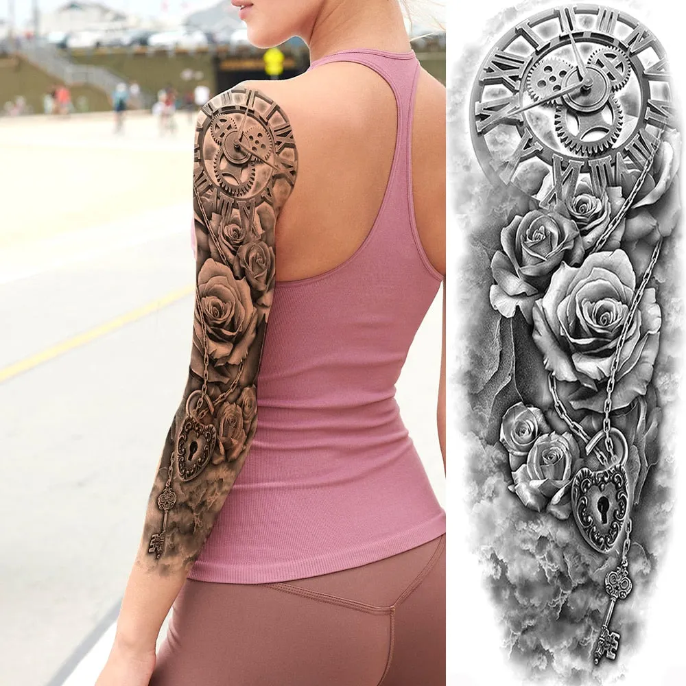 Black Military Maori Totem Temporary Sleeve Tattoos For Men Realistic Fake Full Arm3D Dragon Skull Wolf Lion Robot Tatoos Paste