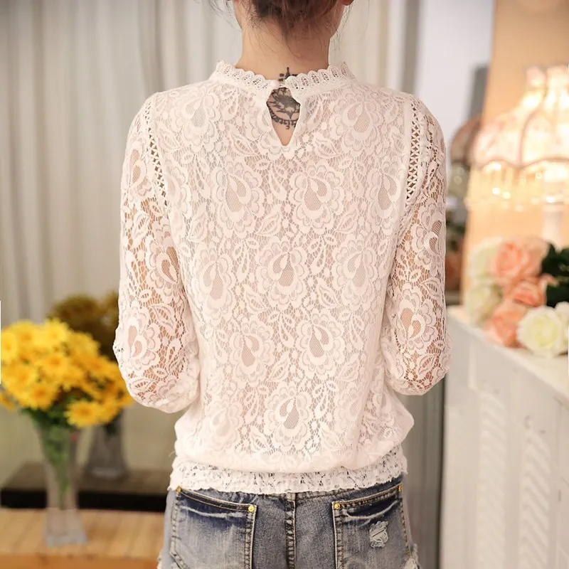 Spring Autumn New Ladies White Blusas Women's Long Sleeve Chiffon Lace Crochet Tops Blouses Women Clothing Feminine Blouse 51C
