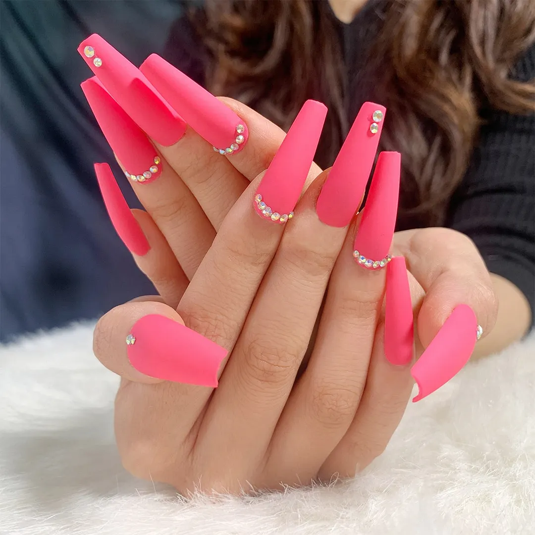 Luxury Fake Nails Designer Extra Long French Jewelry designed Nails Natural Stones Rhinestone Coffin False Nail Decoration Tips-Nail Inspo