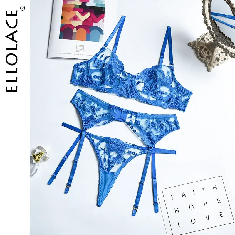 Ellolace Neon Floral Lingerie 3 Piece Set Transparent Underwear Women Push up Bra With Bone Erotic Lingerie Sensual Lingerie Set