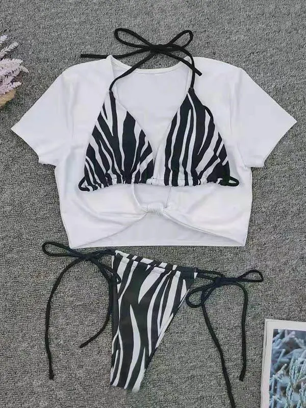 Zebra Pattern Triangles Split Bikini Swimsuit
