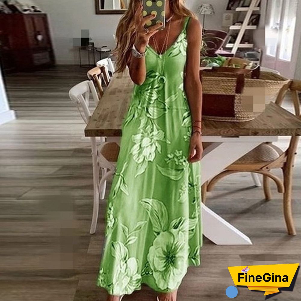 S-8XL Plus Size Vrouwen Maxi Jurk Zomer Casual Sexy Boho Gedrukt Lange Jurk Mouwloze V-hals Kleding Jurk Losse Vestido