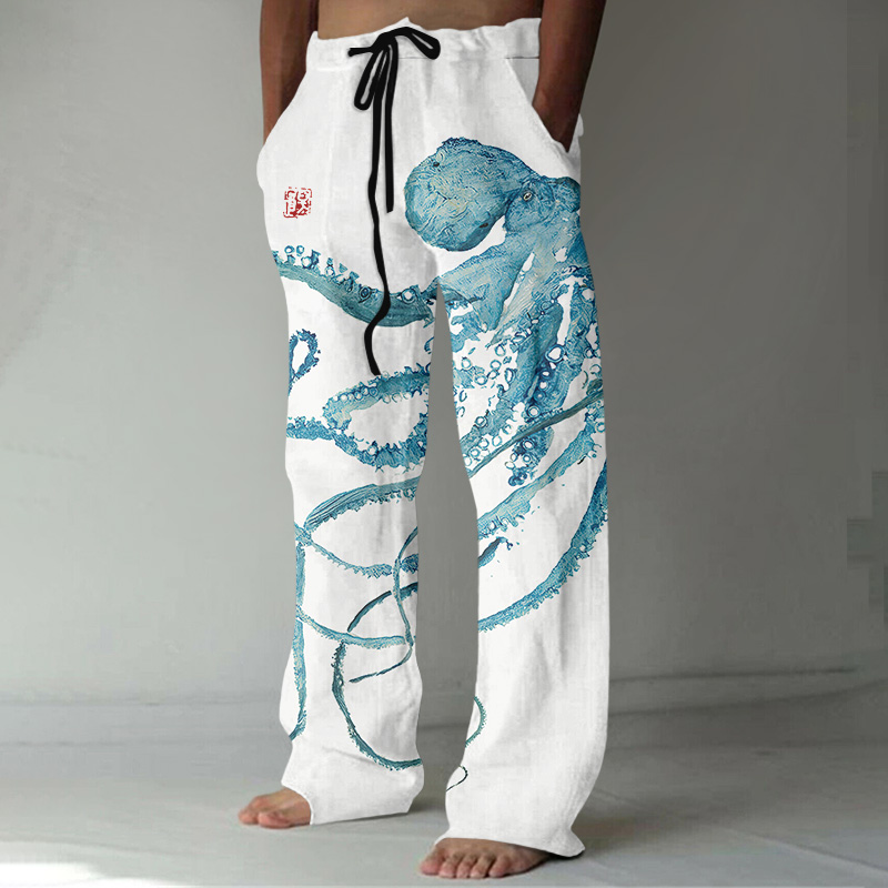 Japanese Art Octopus Print Casual Pants  artssus