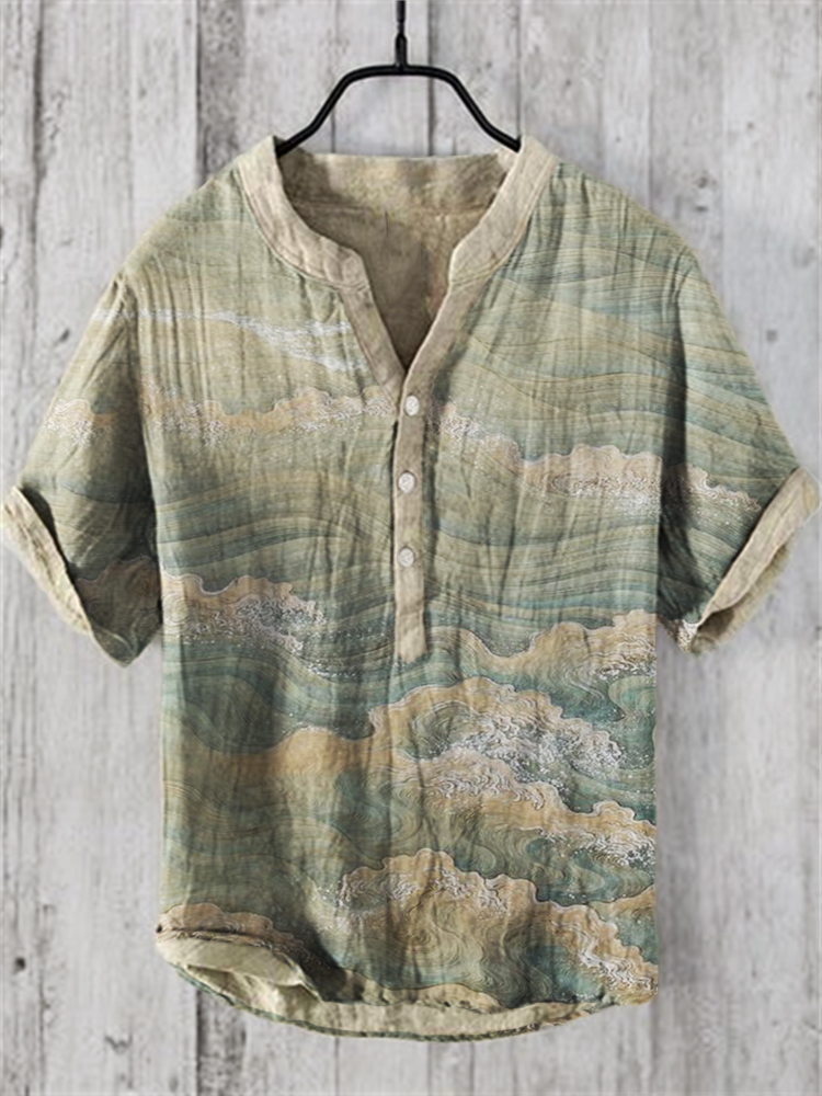 Sea Waves Japanese Art Linen Blend Shirt  artssus