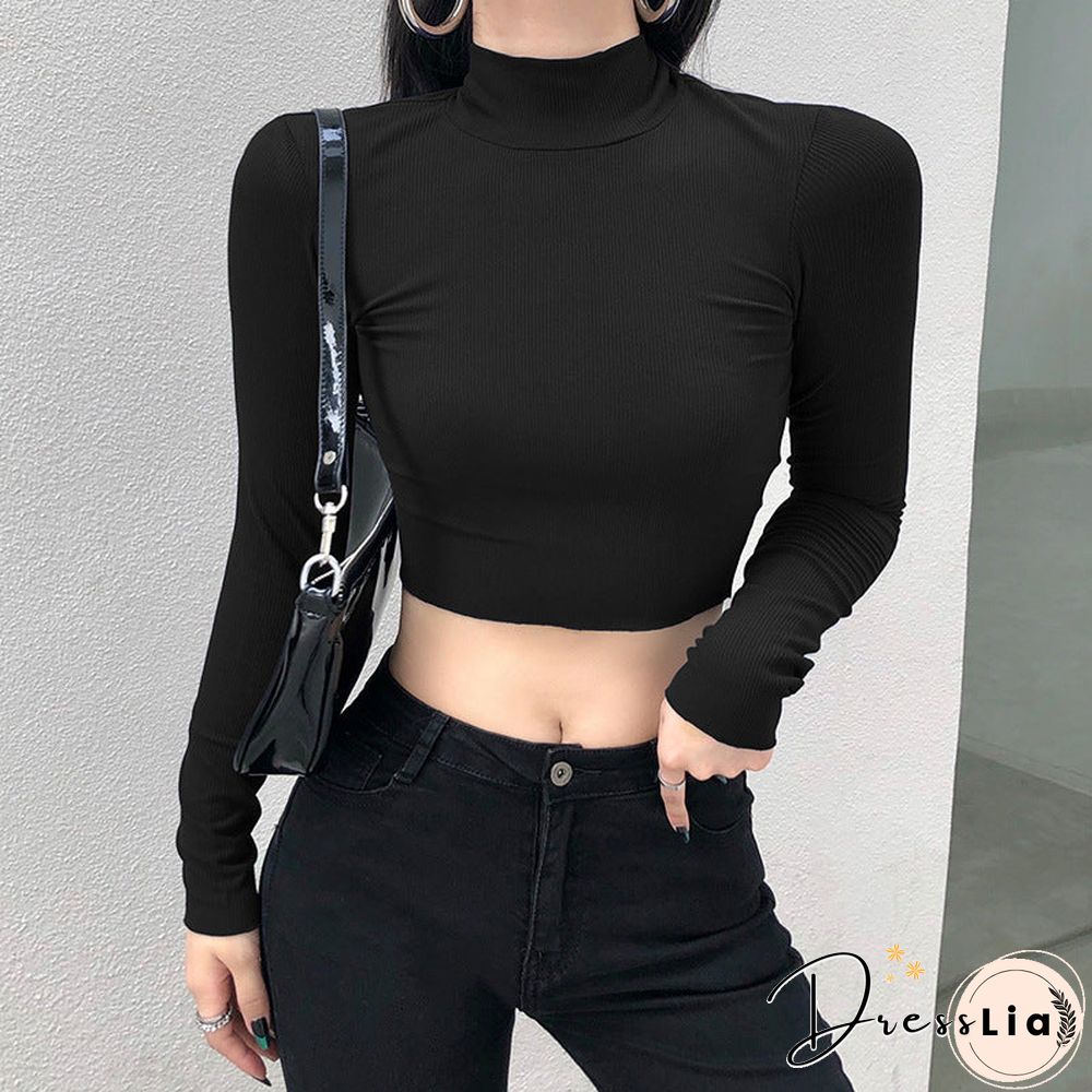 Casual Solid O-Neck Long Sleeve Crop Top Women Side Drawstring Ruched White T-Shirt Female Tee Shirt Top For Women Clothing