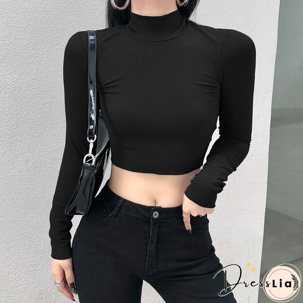 Casual Solid O-Neck Long Sleeve Crop Top Women Side Drawstring Ruched White T-Shirt Female Tee Shirt Top For Women Clothing