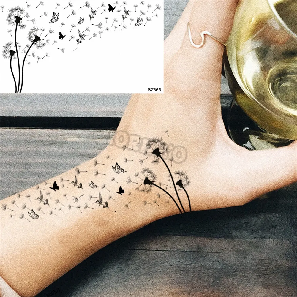 Black Dandelion With Creative Tattoos For Women Men Realistic Sea Wave Mountain Lavender Fake Tattoo Sticker Arm Leg Tatoos 3D