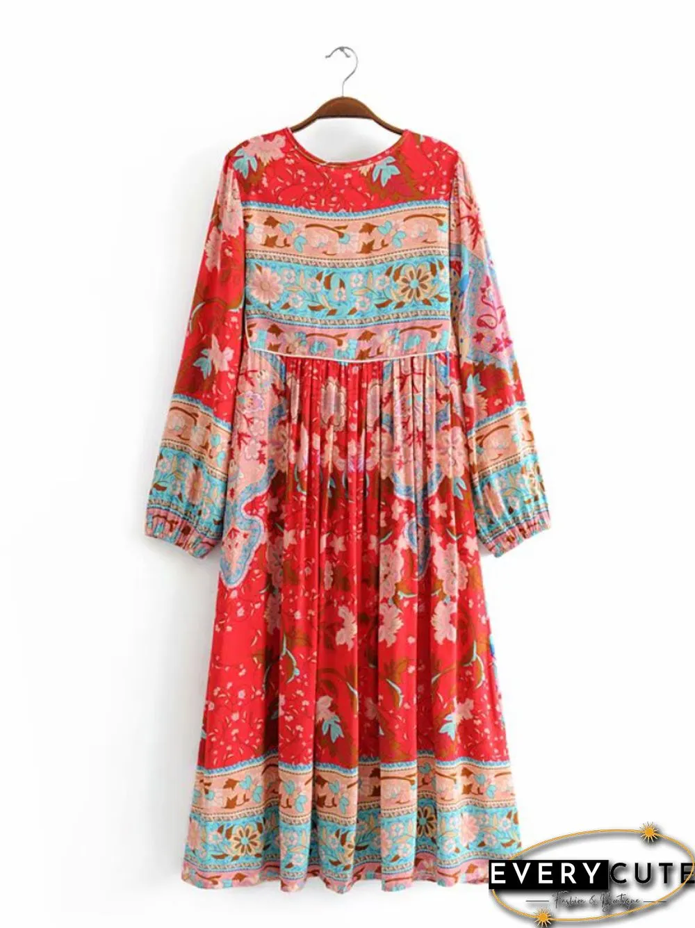 Vintage Chic Fashion Women Long Sleeve Tassel Red Floral Print Beach Bohemian Maxi Dresses Ladies Cotton Pleated Boho Dress Robe