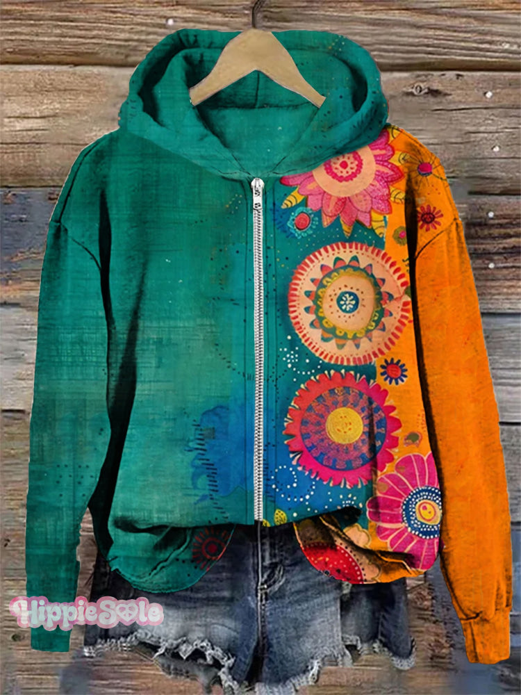 Vintage Love And Peace Art Print Casual Zip Hoodie Sweatshirt Multicolor / S