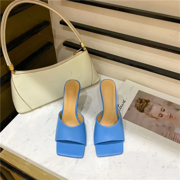 Eilyken 2022 New Summer Women's Mules Slippers Elegant Square Toe High Heels Slippers Ladies Slides Shoes Femme Zapatos Mujer
