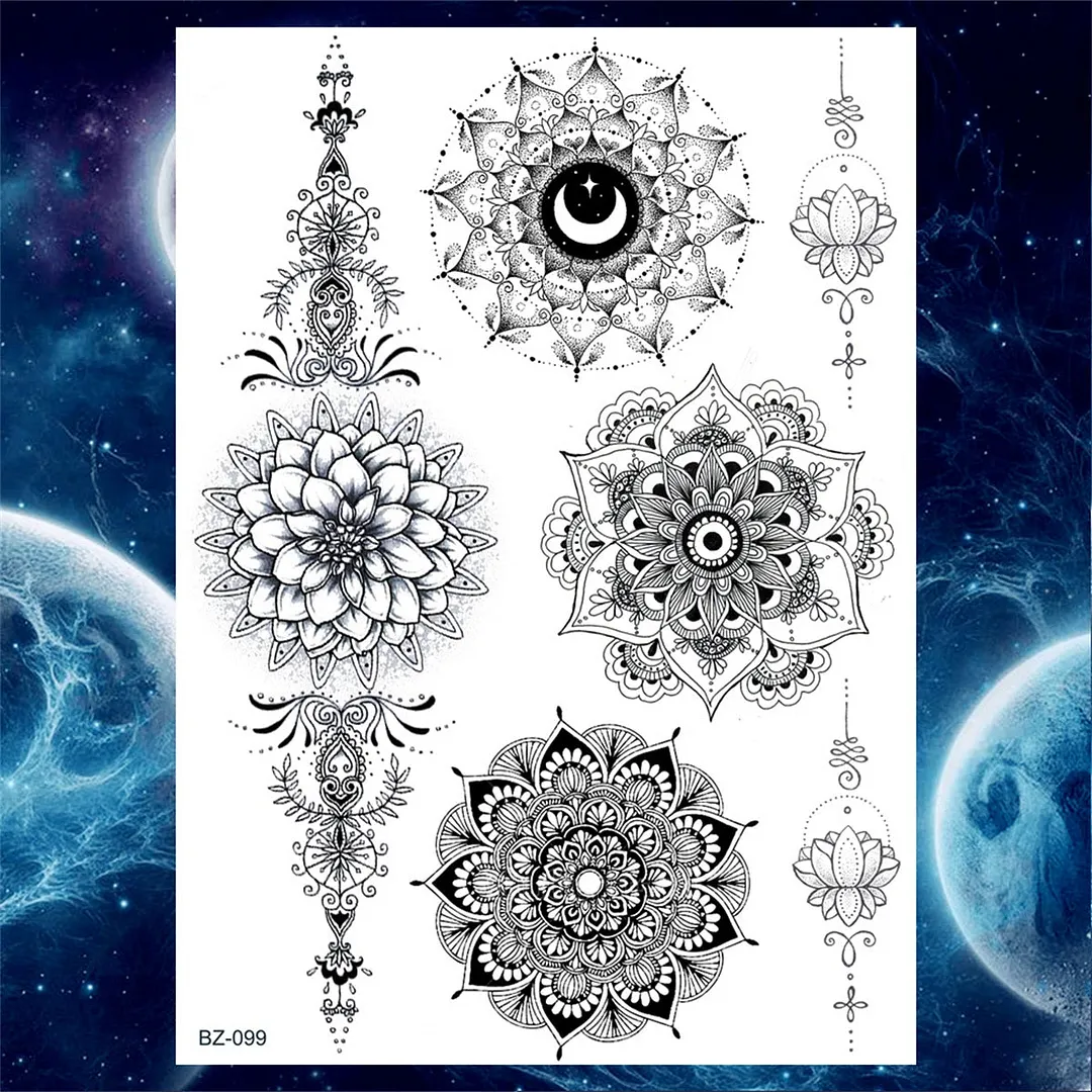 Sexy Black Henna Temporary Tattoos For Women Girls Lotus Flower Lace Tattoo Sticker Fake Jewelry Mandala Body Chest Tatoos Paper