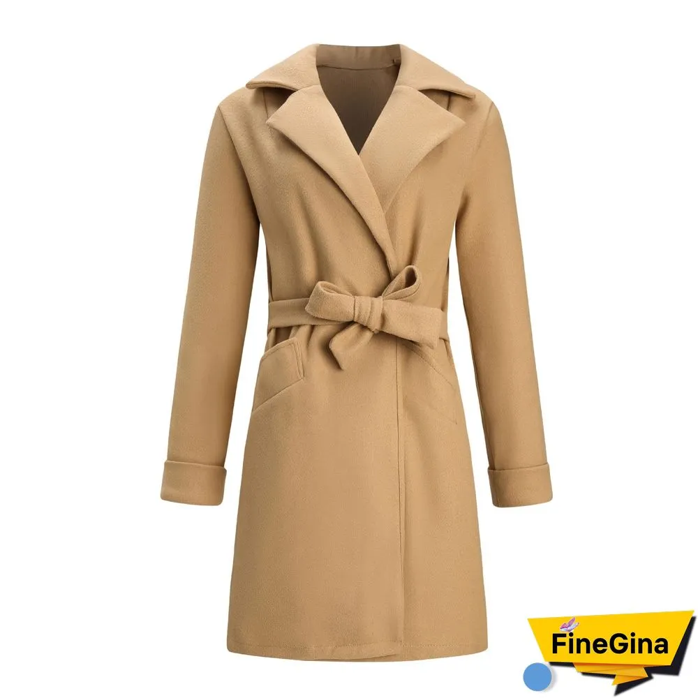 Notched Lapel Collar Belted Wool Blend Coat
