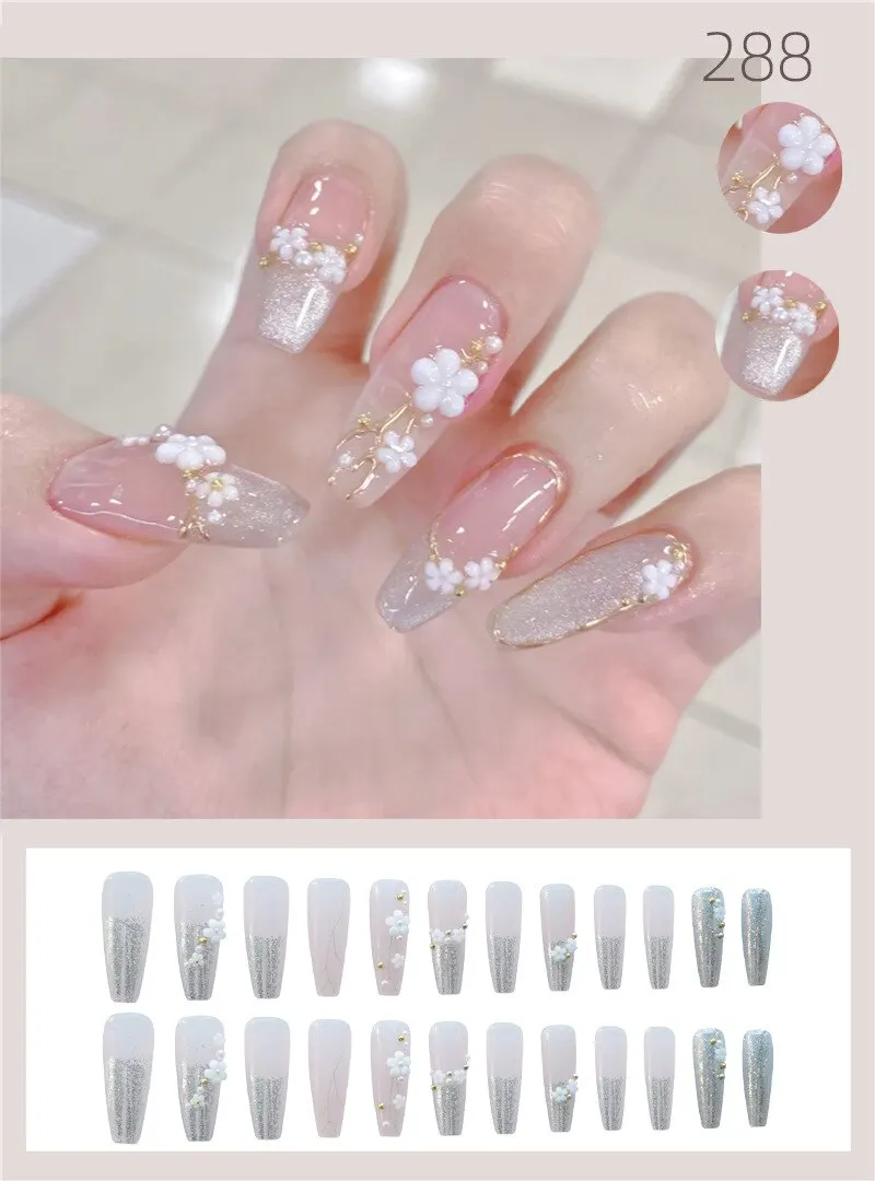 24pcs Glitter Design Fake Nail Patch Coffin Long 3D White Flower Print Nail Art Patches Full Finished Women Girl False Nail tips-Nail Inspo