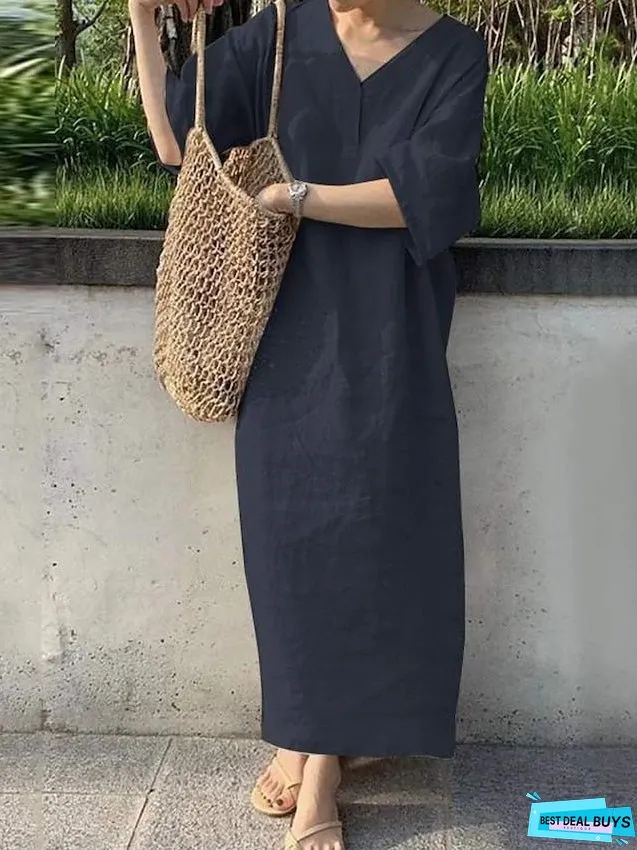 Cotton Linen Dress Casual Dress Shift Dress Maxi long Dress Cotton Blend Fashion Casual Outdoor Daily V Neck Button Short Sleeve Summer Spring Loose Fit Navy Blue Orange Green Pure Color for Women