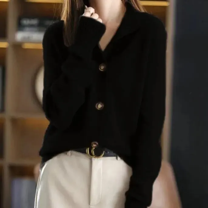 Vintage Solid Color Buttoned Turtleneck Cardigan