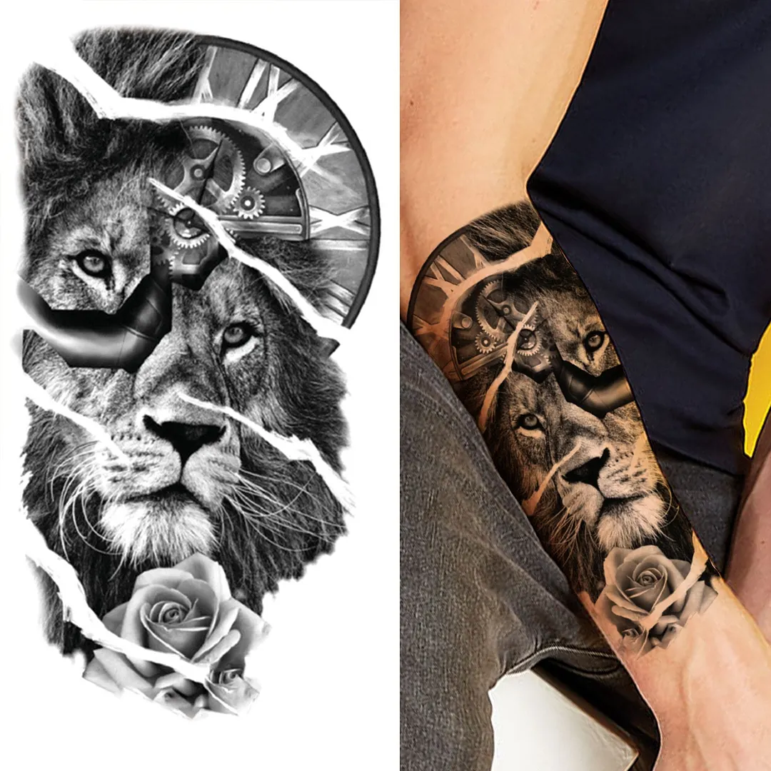Forest Tiger Temporary Tattoos For Men Women Kids Lion Skull Cross Tattoo Sticker Black Compass Skeleton Tatoos Leg Thigh 1108