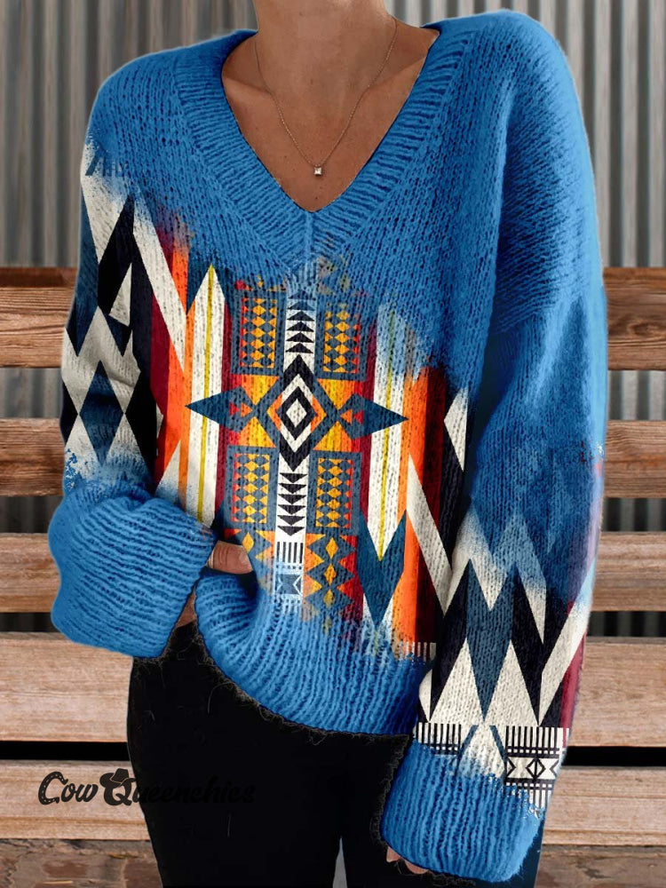 Women&rsquo;s Aztac Casual V-Neck Pullover Knit Multicolor / M