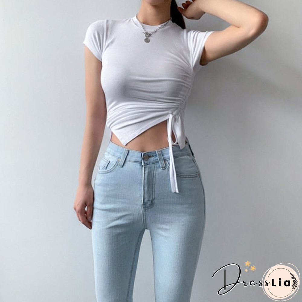 Casual Solid O-Neck Long Sleeve Crop Top Women Side Drawstring Ruched White T-Shirt Female Tee Shirt Top For Women Clothing