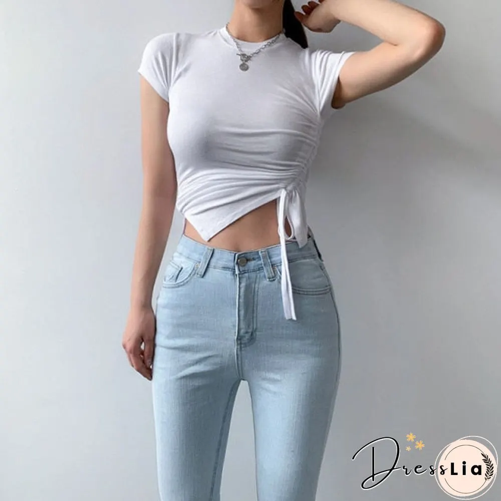 Casual Solid O-Neck Long Sleeve Crop Top Women Side Drawstring Ruched White T-Shirt Female Tee Shirt Top For Women Clothing